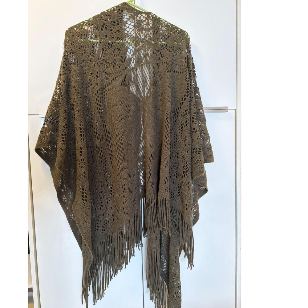 Olive Green Butterfly Open Knit Fringe Shawl Wrap Boho Festival Kimono Rayon